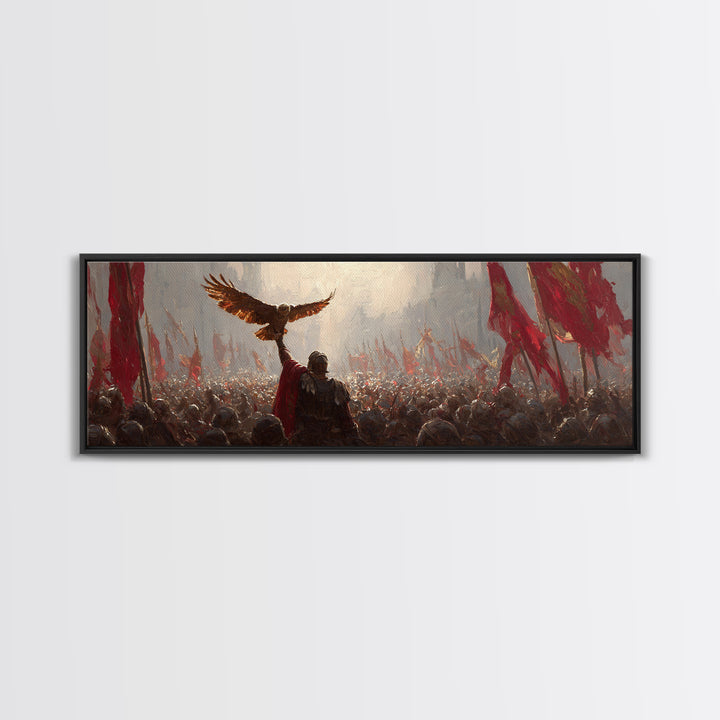 Warrior Raising Eagle Above Red Banners Framed Canvas Print, Epic Battlefield Wall Art, Historical Army Decor Gift For Him