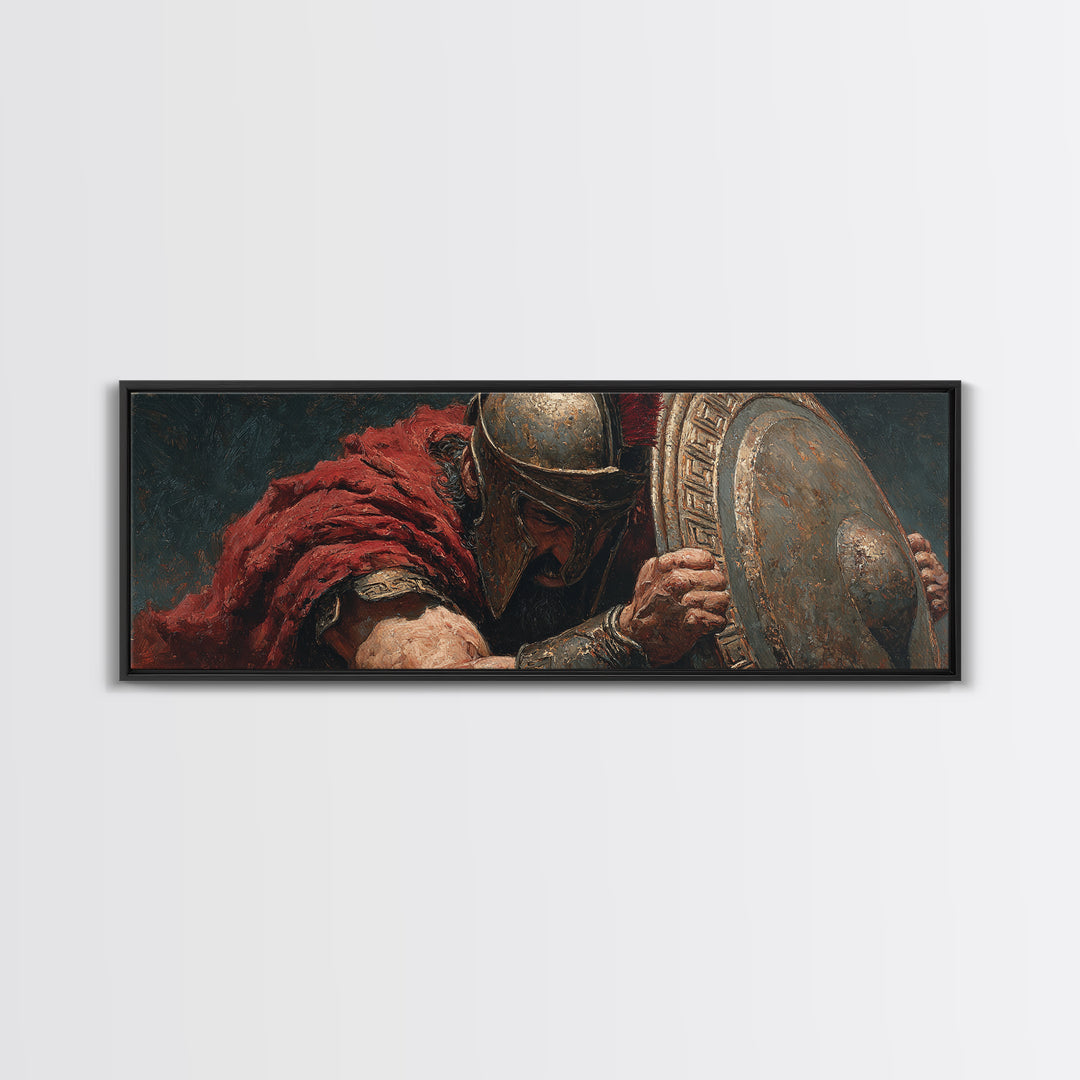 Spartan Warrior With Shield Wall Art, Greek Battle Canvas Print, Dark Masculine Historical Decor For Office And Living Room