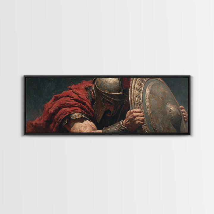 Spartan Warrior With Shield Wall Art, Greek Battle Canvas Print, Dark Masculine Historical Decor For Office And Living Room