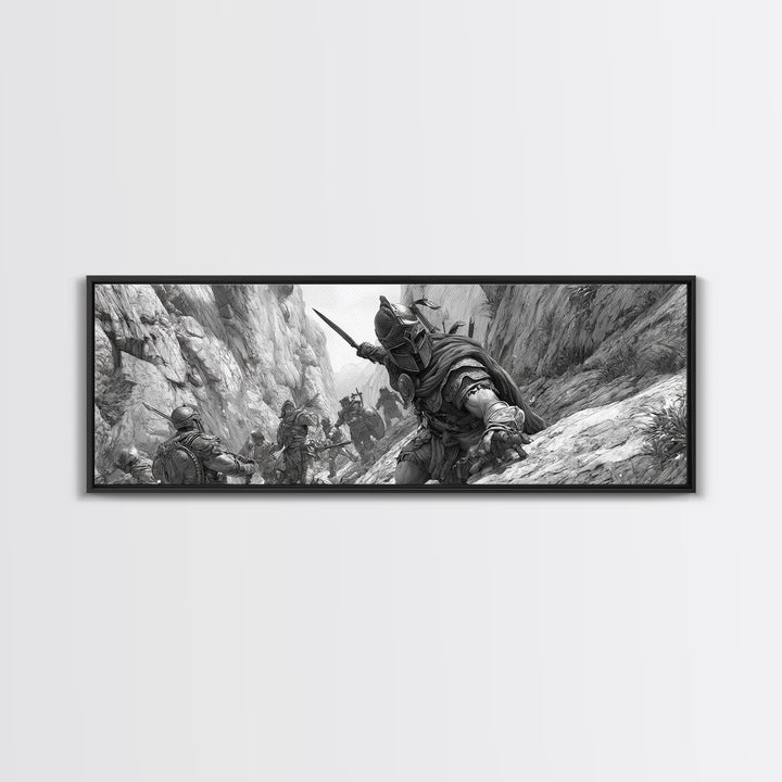 Black And White Canyon Ambush Wall Art, Medieval Warrior Canvas Print, Historic Battle Illustration, Masculine Decor, Office Wall Art