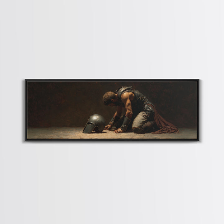 Kneeling Gladiator With Helmet Framed Canvas Print, Dark Academia Wall Art, Classical Warrior Decor, Gift For Him, Office Decor