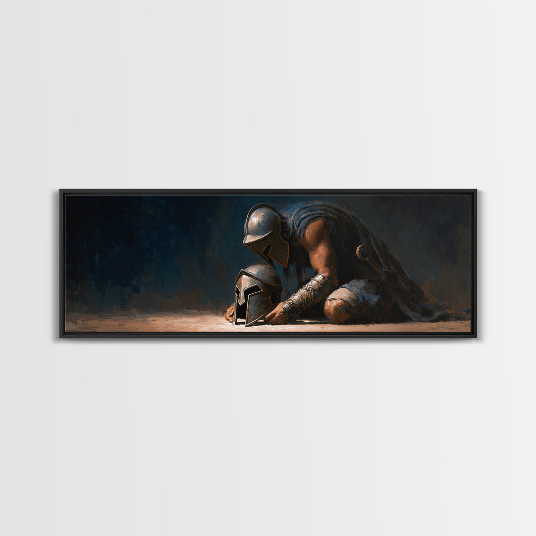 Kneeling Ancient Warrior With Battle Helmets Framed Canvas Print, Dark Fantasy Wall Art For Man Cave Office Decor, Gift For Him