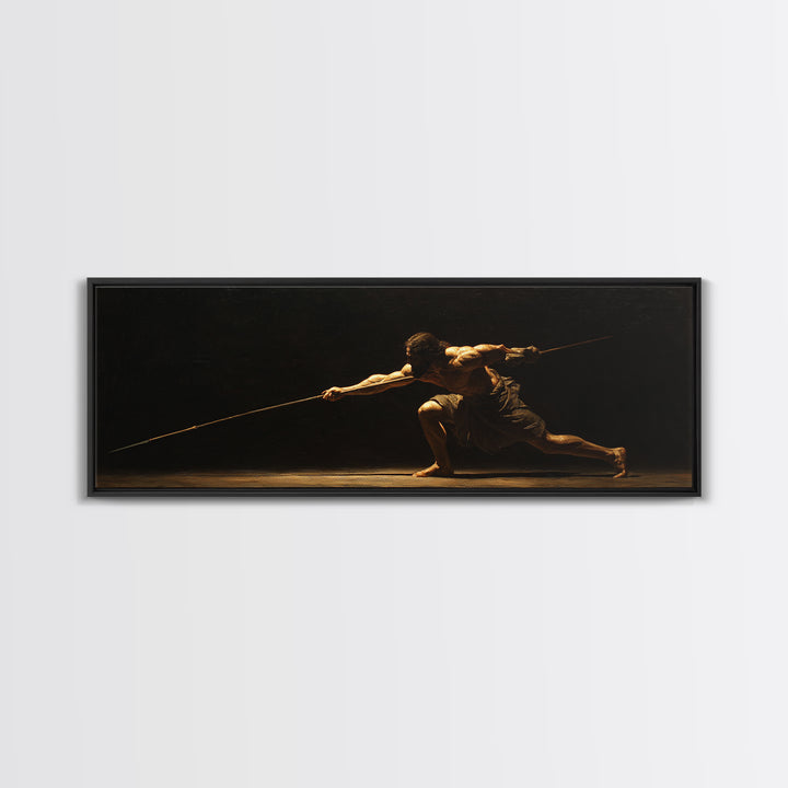 Spear Warrior In Dramatic Shadow Framed Canvas Print, Ancient Fighter Wall Art, Black And Gold Decor, Masculine Office Gift