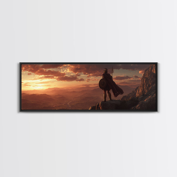 Lone Warrior Over Mountain Valley Sunset Wall Art, Epic Fantasy Landscape, Medieval Adventure Decor, Panoramic Canvas Print