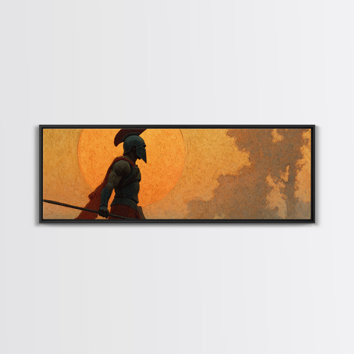 Ancient Greek Warrior Silhouette Wall Art, Spartan Spear Canvas Print, Mythology Decor, Masculine Office Art, Gift For Him