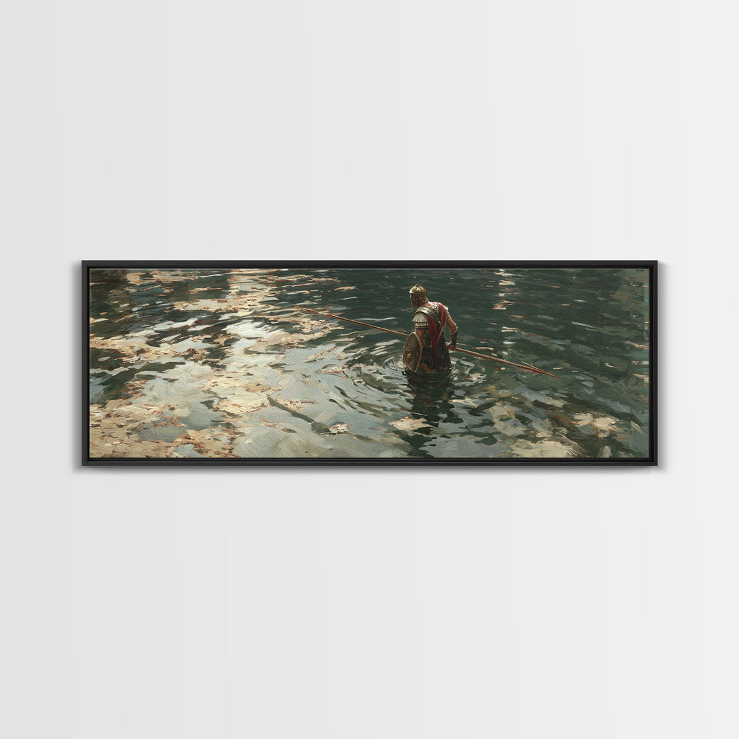 Armored Warrior Wading Through Reflective Water Wall Art, Ancient Spear Soldier, Moody Seascape Decor, Canvas Print Gift