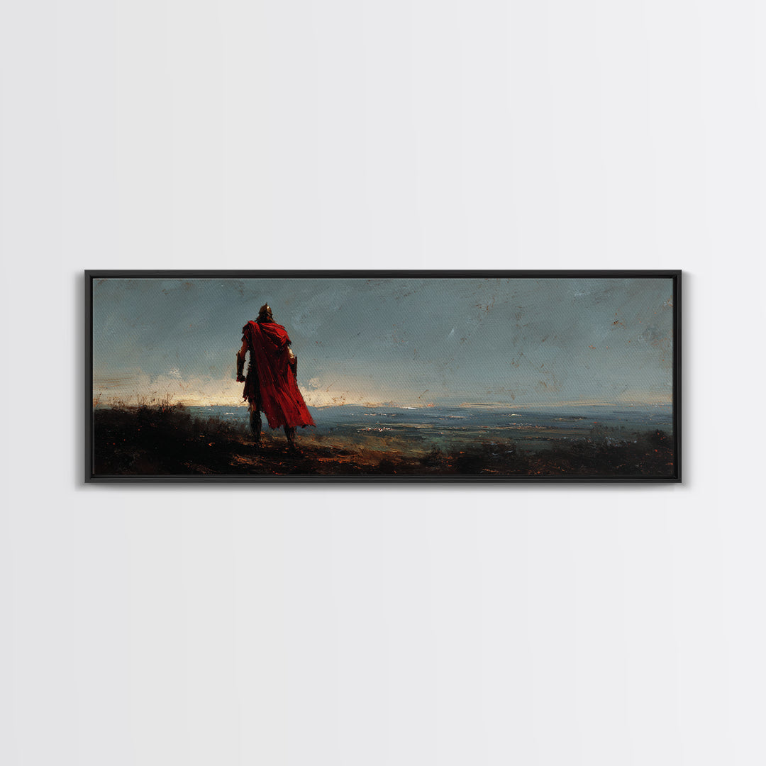 Lone Warrior In Red Cloak Wall Art, Epic Fantasy Landscape Canvas Print, Moody Medieval Decor, Statement Artwork, Gift For Him