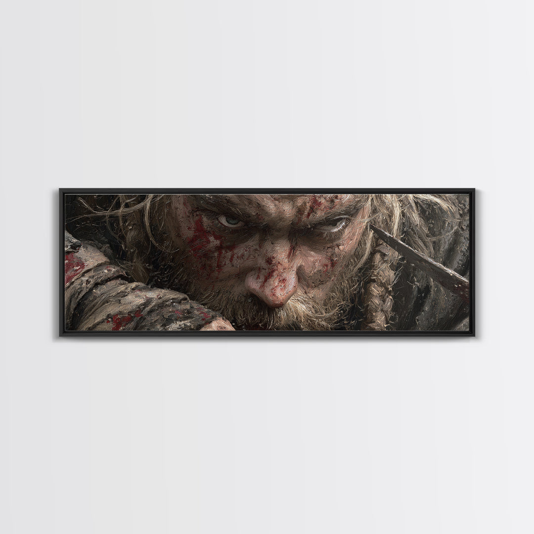 Bloodied Viking Warrior Close Up Framed Canvas Print, Dark Fantasy Portrait, Norse Wall Art, Masculine Man Cave Decor, Gift For Him