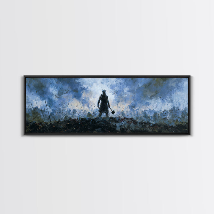 Dark Viking With Hammer Wall Art, Stormy Norse Warrior Canvas Print, Moody Fantasy Decor, Masculine Office Artwork Gift For Him