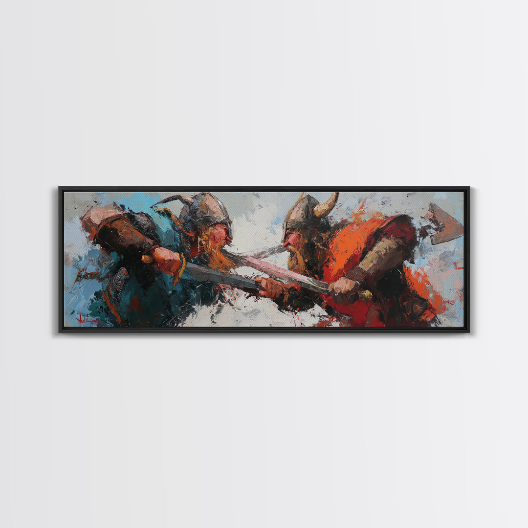 Viking Warriors Clashing With Axes Canvas Print, Norse Wall Art, Dark Fantasy Decor, Medieval Battle Artwork For Him, Man Cave Decor