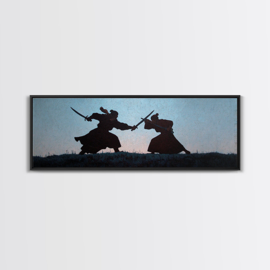 Samurai Duel Silhouette Wall Art, Japanese Warrior Canvas Print, Minimal Black And White Decor For Office And Living Room