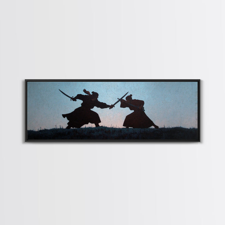 Samurai Duel Silhouette Wall Art, Japanese Warrior Canvas Print, Minimal Black And White Decor For Office And Living Room