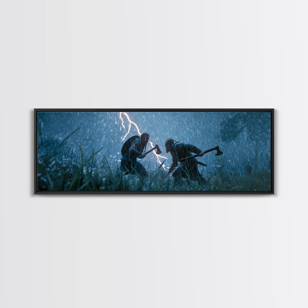 Viking Warriors In Lightning Rain Canvas Print, Dark Medieval Battle Wall Art, Stormy Fantasy Decor, Dramatic Game Room Decor