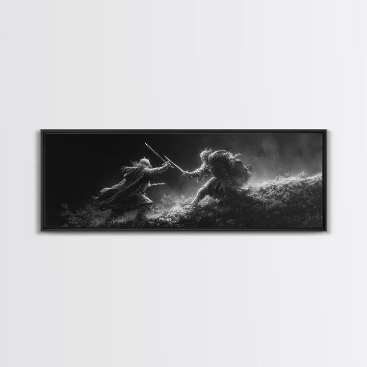 Black And White Warrior Duel Wall Art, Dark Fantasy Battle Print, Cinematic Viking Decor, Masculine Office, Gift For Him