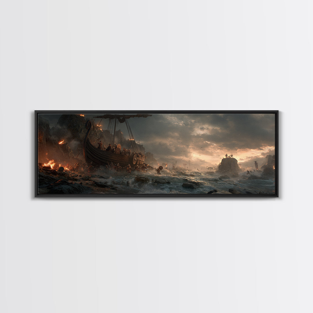 Viking Longship Landing On Stormy Shore Wall Art, Norse Battle Seascape, Dark Fantasy Decor, Dramatic Nautical Canvas Print