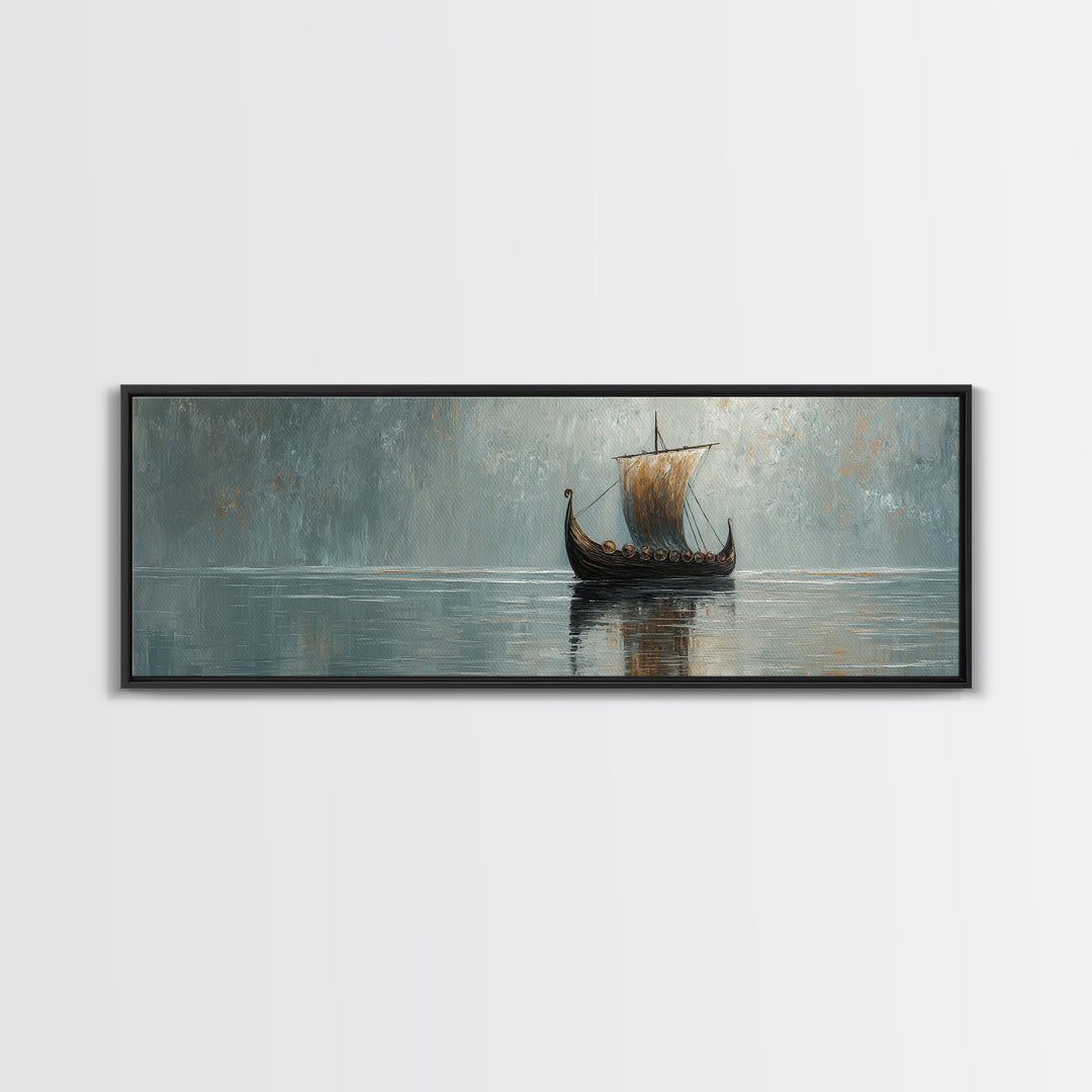 Viking Longship Sailing Through Misty Waters Canvas Print, Nautical Wall Art, Nordic Decor, Lake House Coastal Artwork Gift
