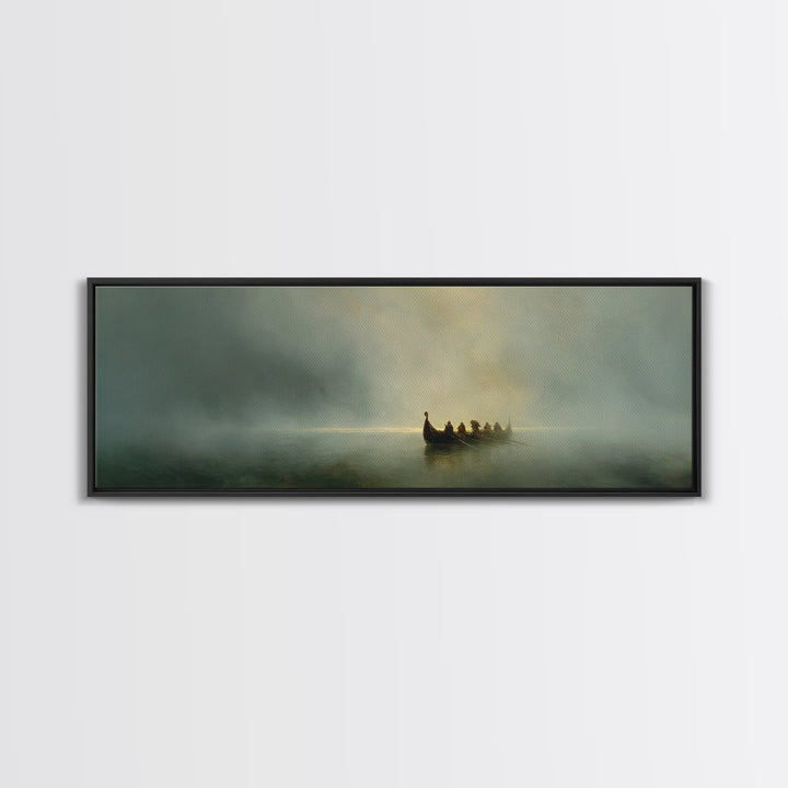 Misty Boat On Silent Lake Framed Canvas Print, Moody Seascape Wall Art, Serene Landscape Decor, Peaceful Home Gift Print