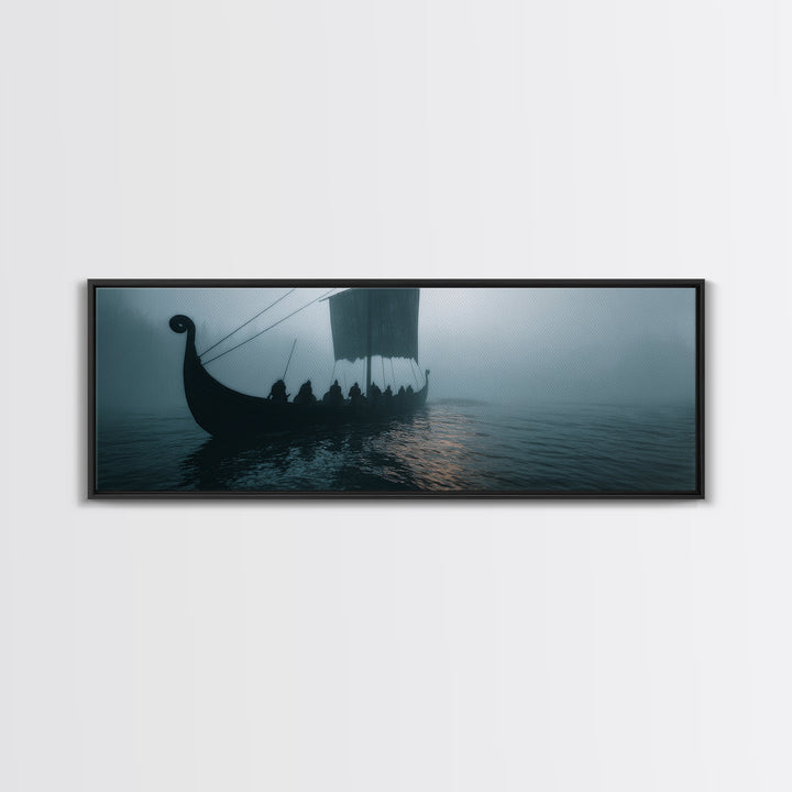 Viking Longship In Misty Waters Wall Art, Nordic Seascape Canvas Print, Nautical Coastal Decor, Moody Living Room Art Print