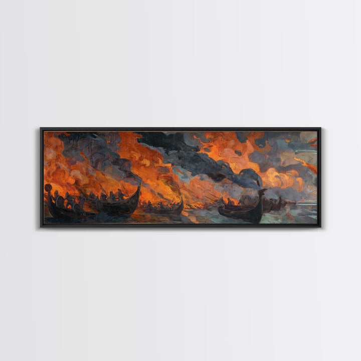Burning Viking Longships Framed Canvas Print, Fiery Battle Seascape Wall Art, Norse Saga Decor, Dark Coastal Artwork For Men