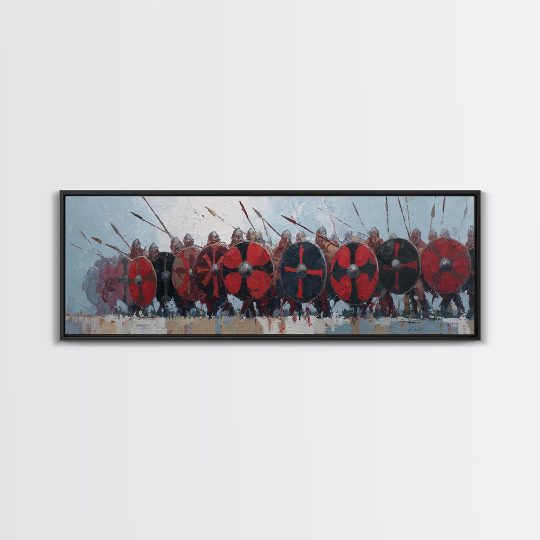 Red Shield Viking Army Framed Canvas Print, Norse Battle Wall Art, Medieval Warrior Decor, Large Horizontal Artwork For Him