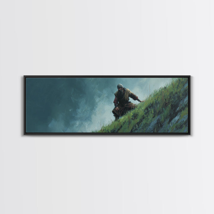 Warrior Climbing Windy Green Cliff Framed Canvas Print, Adventure Fantasy Wall Art, Moody Nature Decor For Office And Bedroom