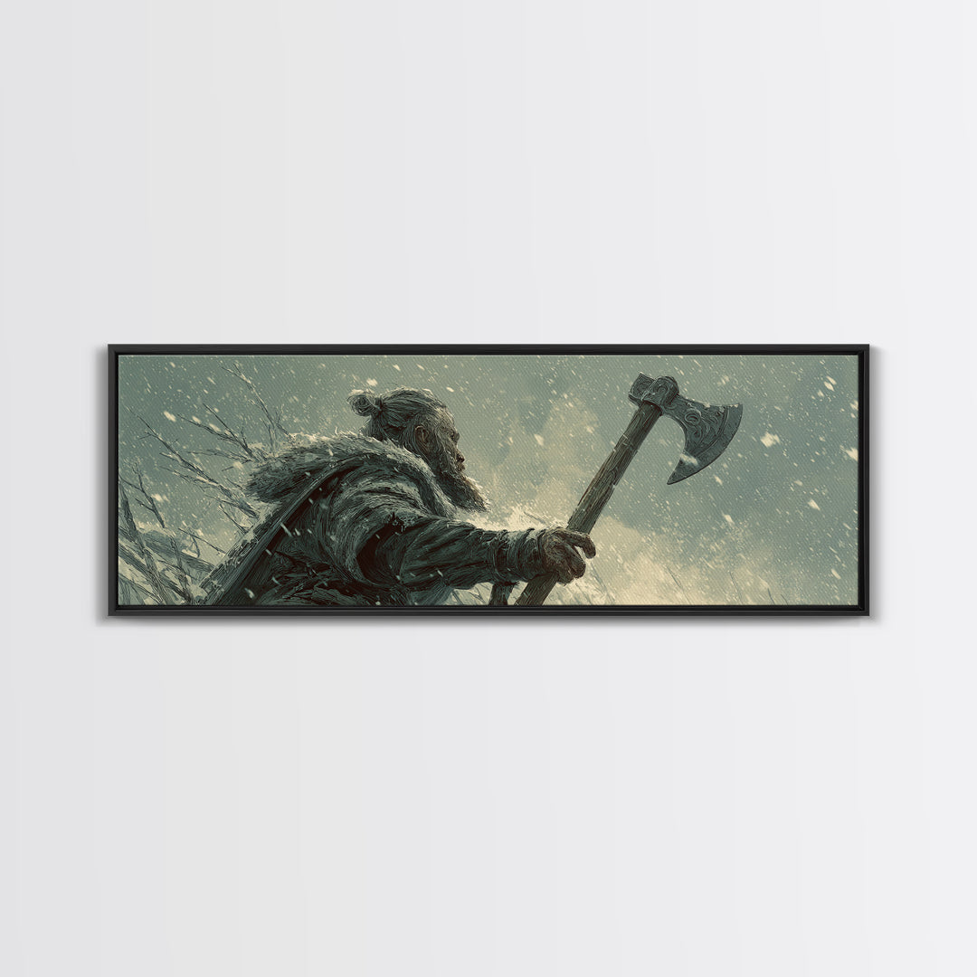 Snowy Viking Warrior With Battle Axe Wall Art, Dark Fantasy Winter Canvas Print, Nordic Masculine Office And Cabin Decor