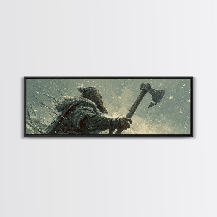 Snowy Viking Warrior With Battle Axe Wall Art, Dark Fantasy Winter Canvas Print, Nordic Masculine Office And Cabin Decor