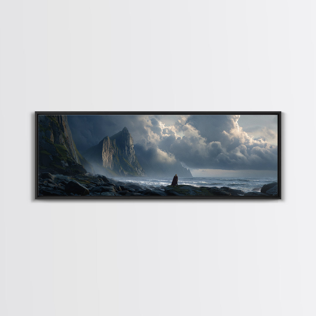 Cloaked Figure On Stormy Cliff Wall Art, Epic Coastal Fantasy Canvas Print, Moody Seascape, Dramatic Landscape Decor, Living Room Art