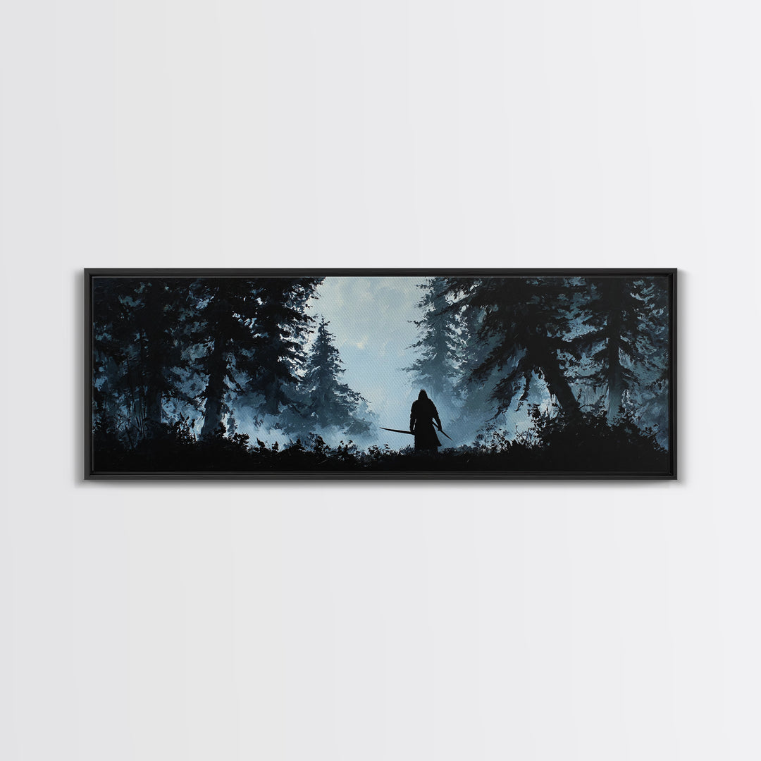 Shadowed Warrior In Misty Pine Forest Wall Art, Dark Fantasy Canvas Print, Moody Woodland Decor, Rustic Cabin Wall Decor