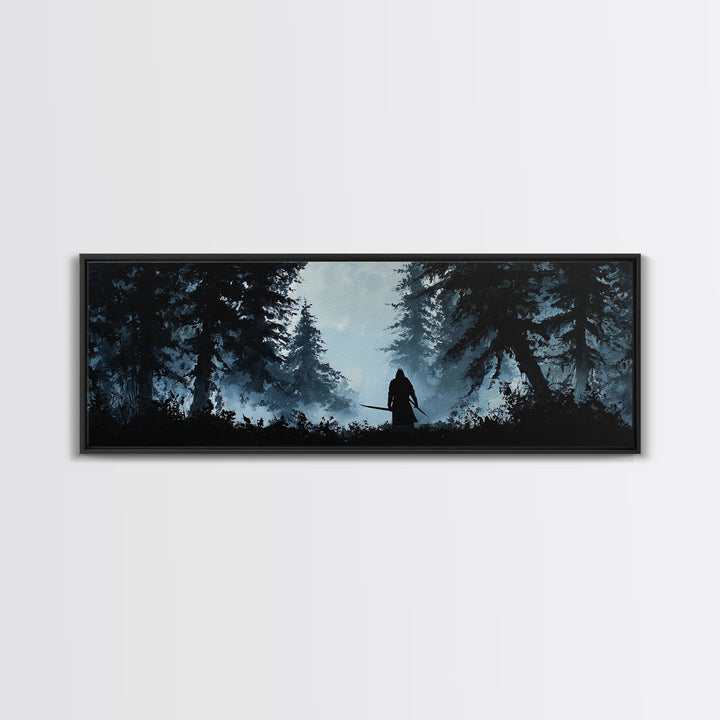 Shadowed Warrior In Misty Pine Forest Wall Art, Dark Fantasy Canvas Print, Moody Woodland Decor, Rustic Cabin Wall Decor