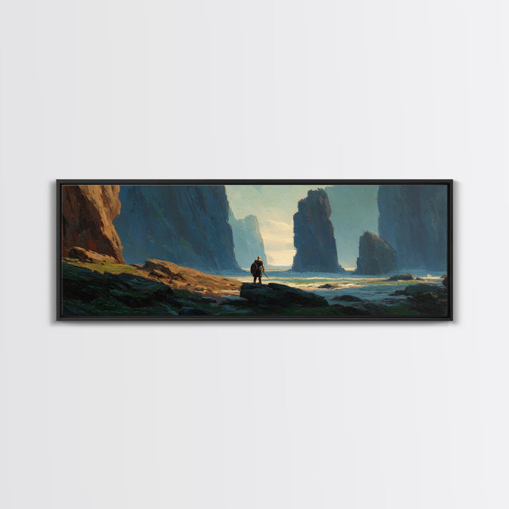 Lone Explorer In Misty Coastal Cliffs Canvas Print, Dramatic Seascape Wall Art For Living Room And Office Decor, Above Sofa Decor