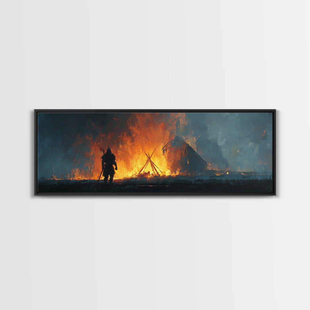 Warrior Before Blazing Village Fire Canvas Print, Dark Fantasy Wall Art, Medieval Battle Decor, Moody Rustic Home Decor Print