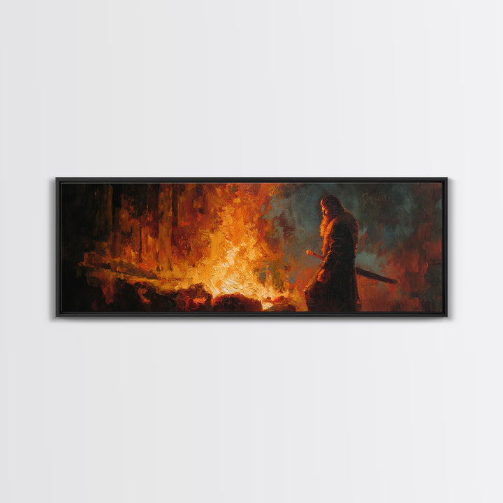 Warrior Watching Burning City Canvas Print, Dark Fantasy Fire Painting Wall Art, Moody Gothic Decor For Office Or Man Cave