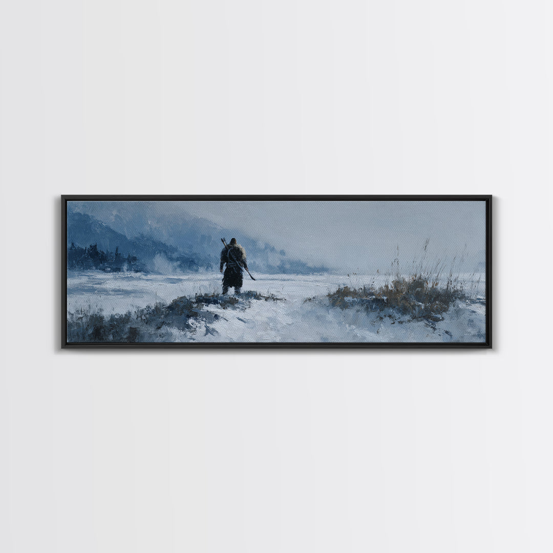 Lone Warrior Crossing Snowy Mountain Valley Wall Art, Winter Landscape Canvas Print, Rustic Cabin Decor, Adventure Gift Idea