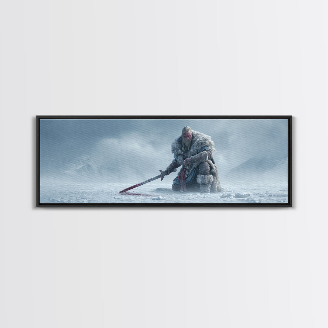Frost Giant Warrior Kneeling In Snow Framed Canvas Print, Dark Fantasy Wall Art, Winter Mountain Decor, Epic Sword Artwork