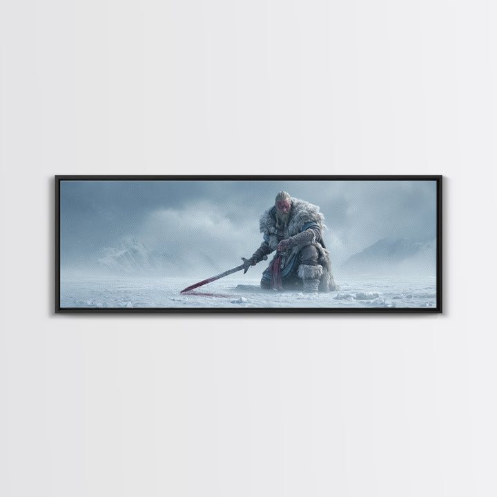Frost Giant Warrior Kneeling In Snow Framed Canvas Print, Dark Fantasy Wall Art, Winter Mountain Decor, Epic Sword Artwork