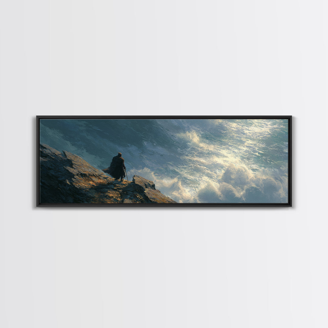 Cloaked Figure Above Crashing Ocean Wall Art, Moody Seascape Framed Canvas Print, Coastal Landscape Living Room Decor Gift