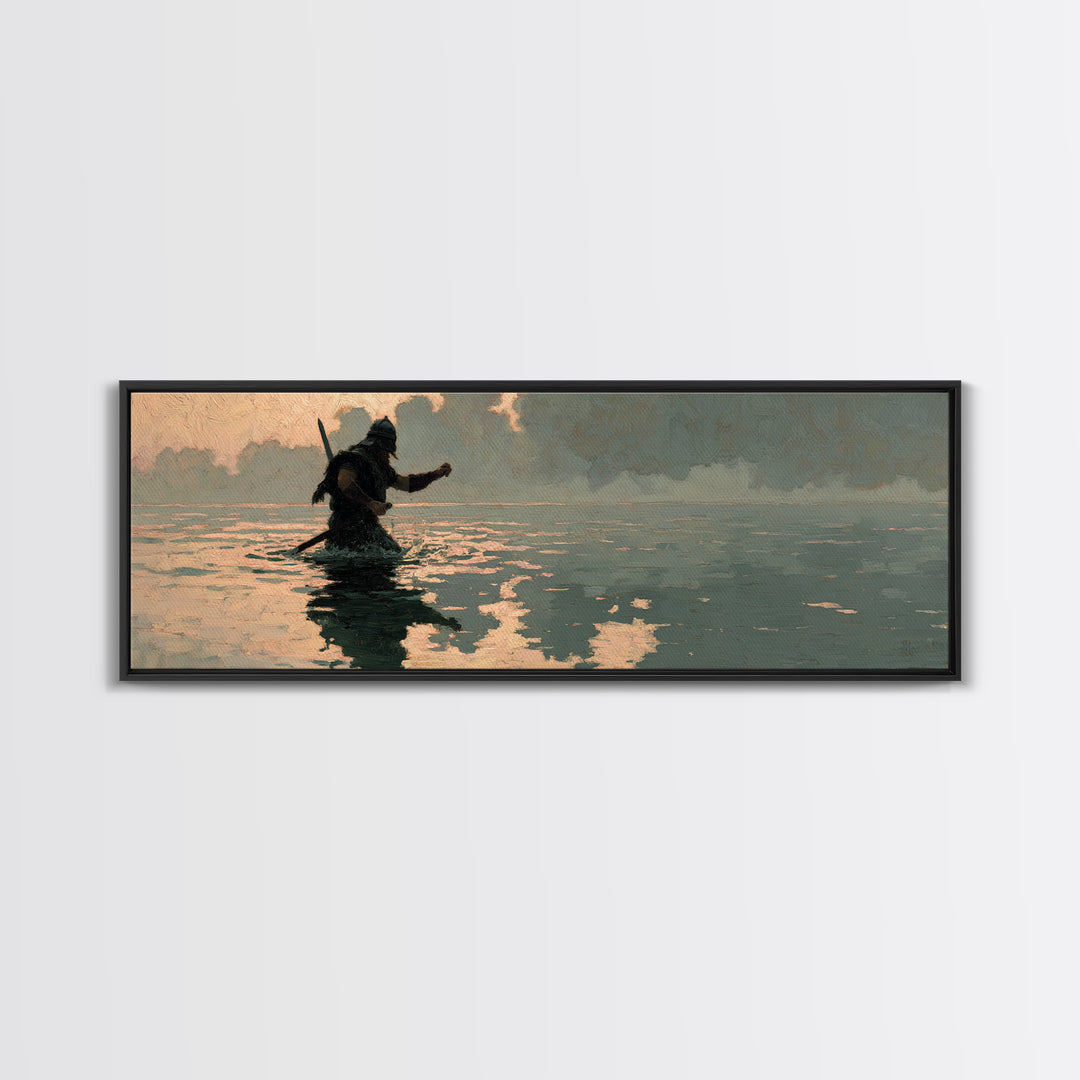 Lone Warrior Wading Through Water Wall Art, Moody Seascape Painting, Dark Fantasy Decor, Cinematic Living Room Print, Gift For Him