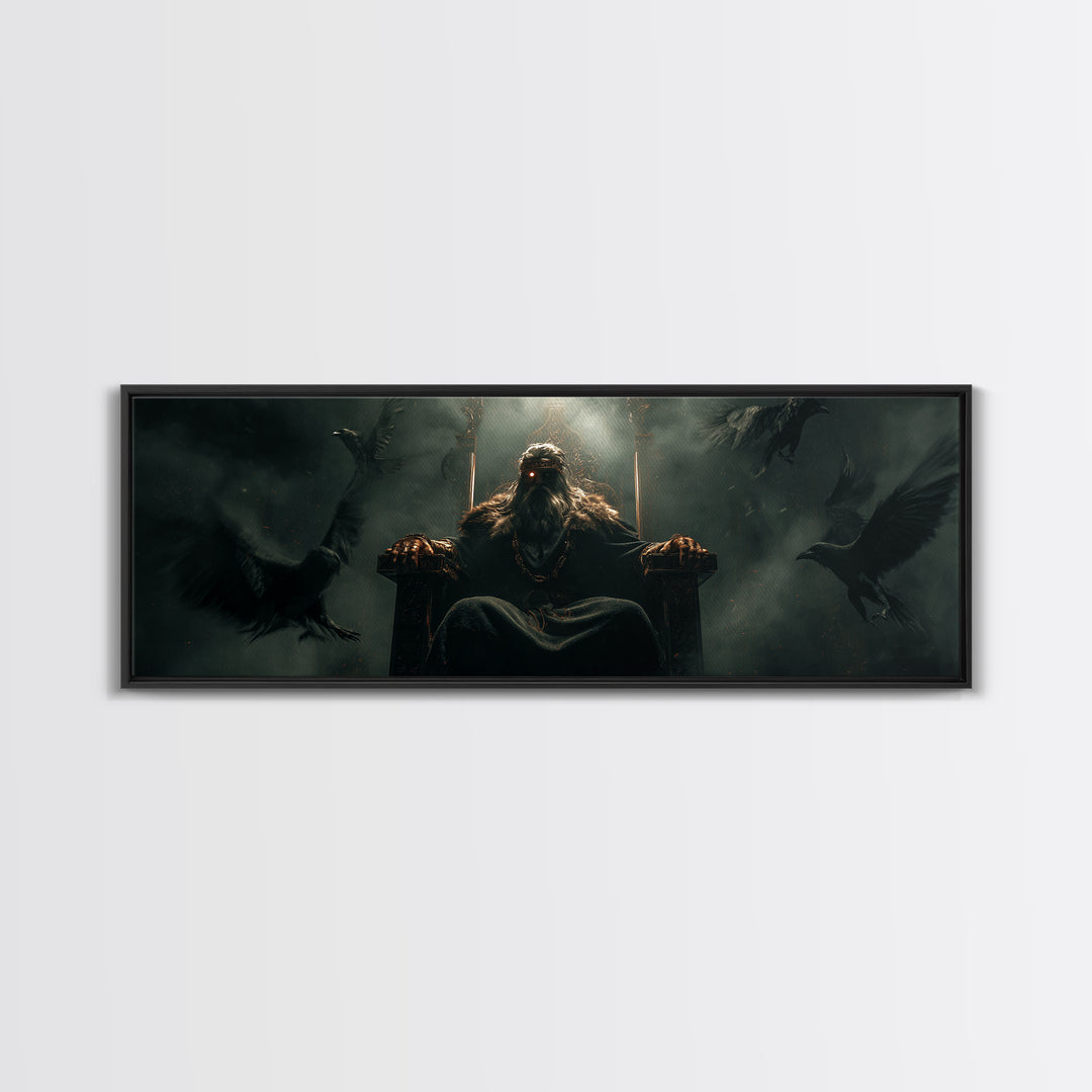Raven King On Shadow Throne Wall Art, Dark Fantasy Framed Canvas Print, Gothic Castle Decor, Moody Statement Artwork, Game Room Decor