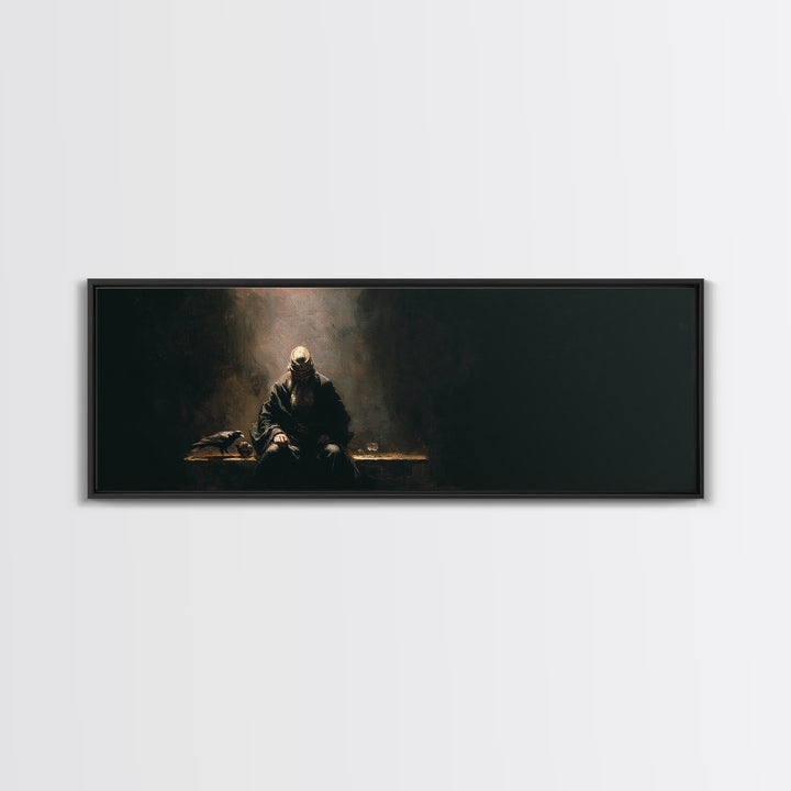 Seated Warrior In Shadow With Raven Framed Canvas Print, Dark Academia Wall Art, Gothic Medieval Decor, Moody Art, Man Cave Decor