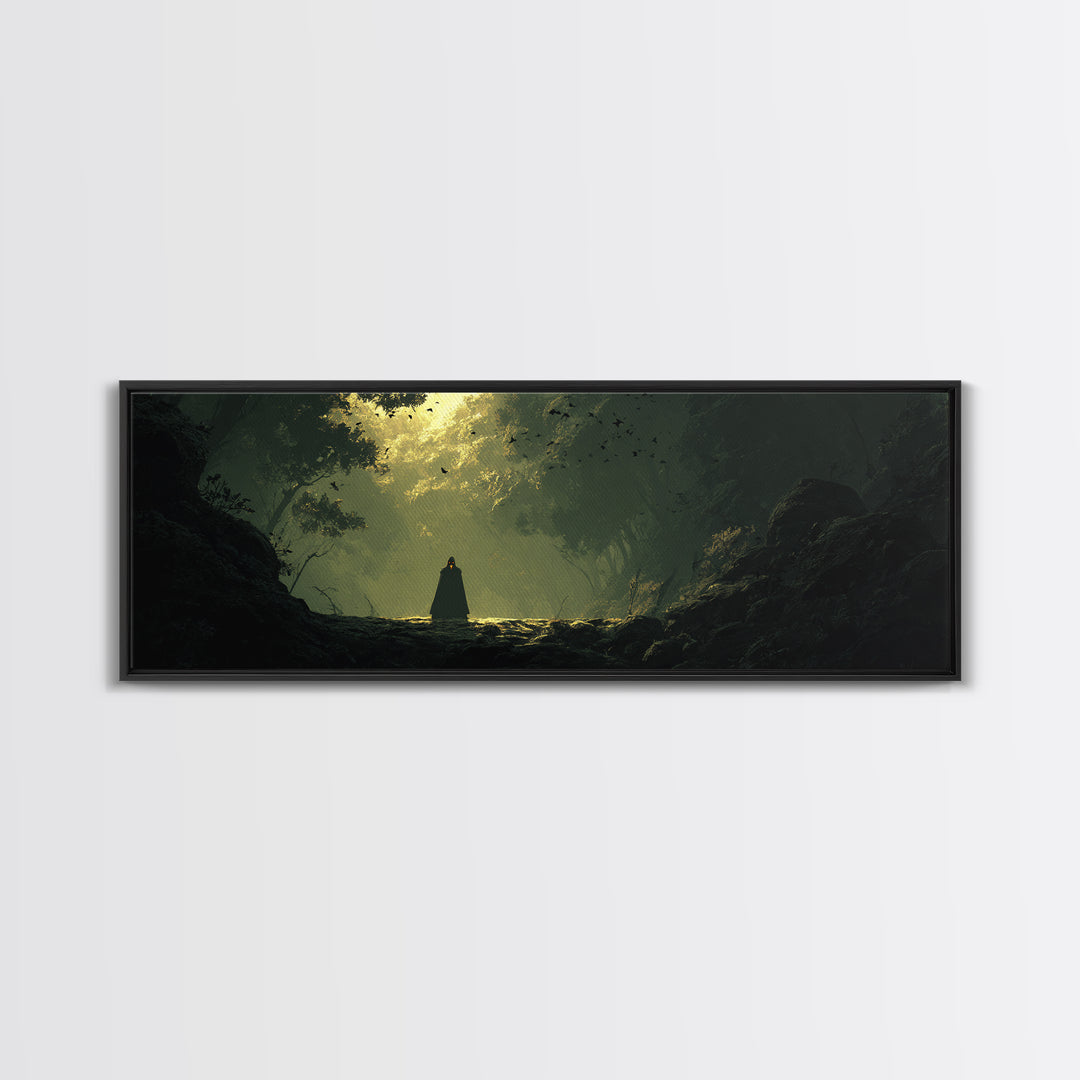 Cloaked Figure In Enchanted Forest Canvas Print, Dark Fantasy Landscape Art, Moody Wall Decor, Gothic Home Decor, Gift For Her