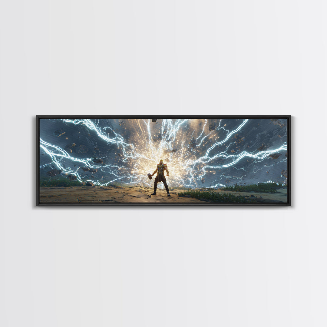 Armored Hero Facing Lightning Portal Canvas Print, Futuristic Sci Fi Wall Art, Cyberpunk Battle Decor, Epic Gaming Room Art