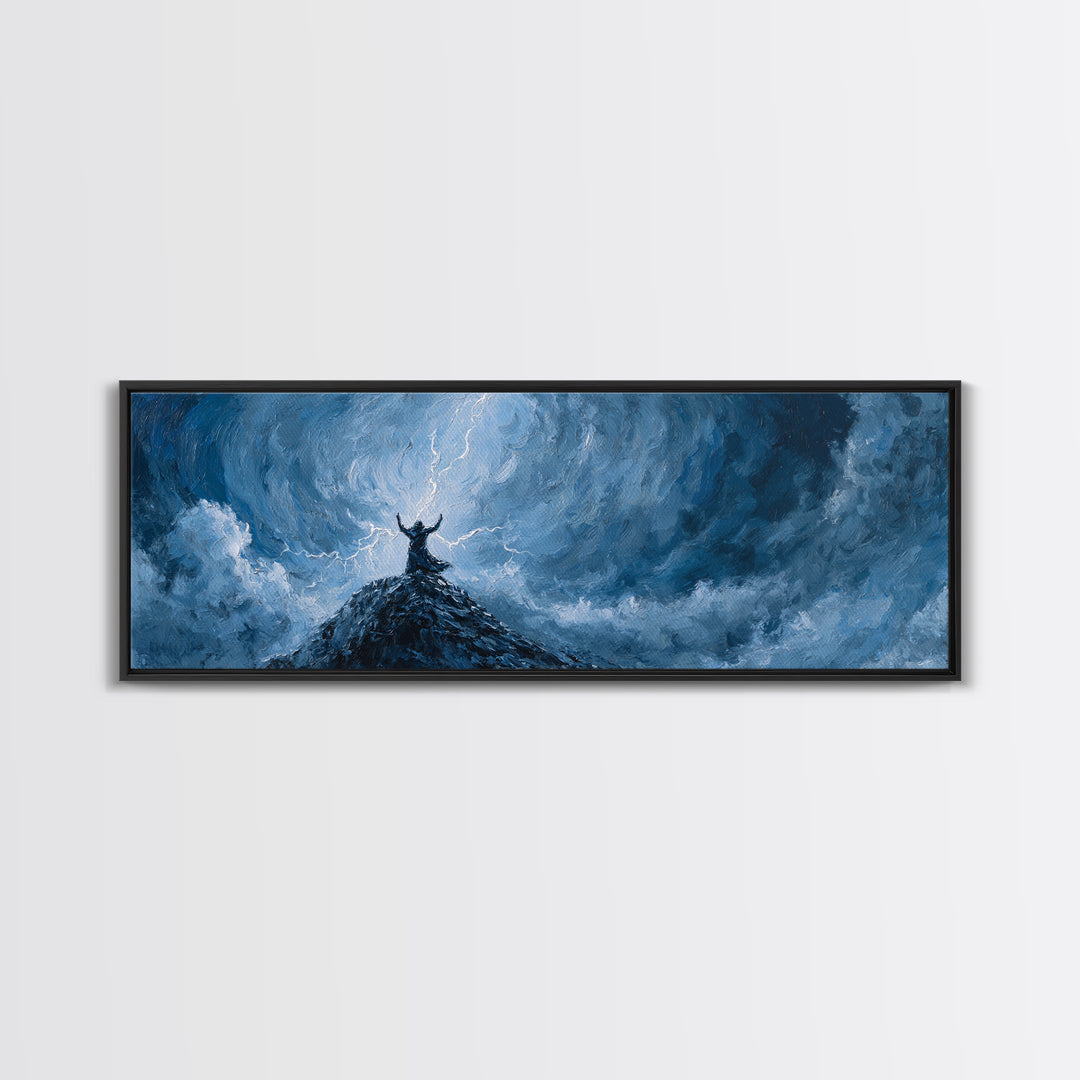 Lone Viking On Stormy Peak Canvas Print, Lightning Sky Wall Art, Norse Mythology Decor, Dramatic Mountain Artwork Gift For Him