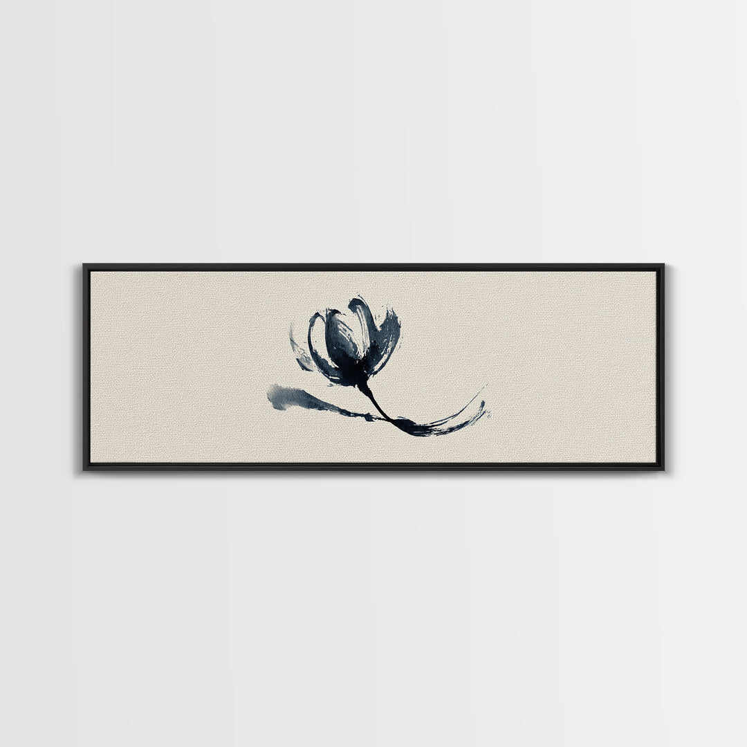 Minimalist Ink Flower On Textured Linen Wall Art, Botanical Canvas Print, Neutral Floral Decor, Japandi Bedroom Wall Art