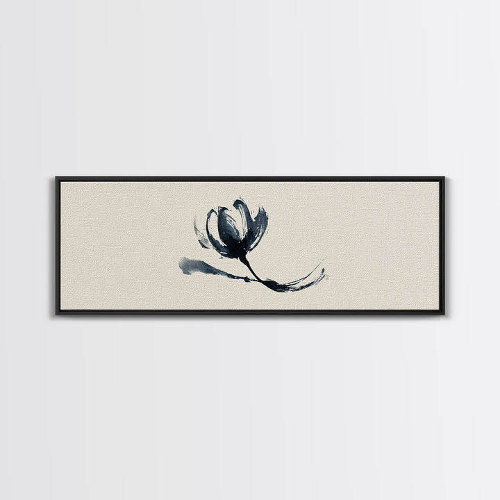 Minimalist Ink Flower On Textured Linen Wall Art, Botanical Canvas Print, Neutral Floral Decor, Japandi Bedroom Wall Art