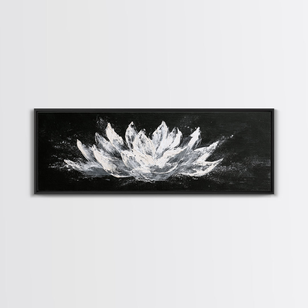 Black And White Lotus Flower Canvas Print, Textured Floral Painting, Minimalist Spa Decor, Elegant Modern Bathroom Wall Art
