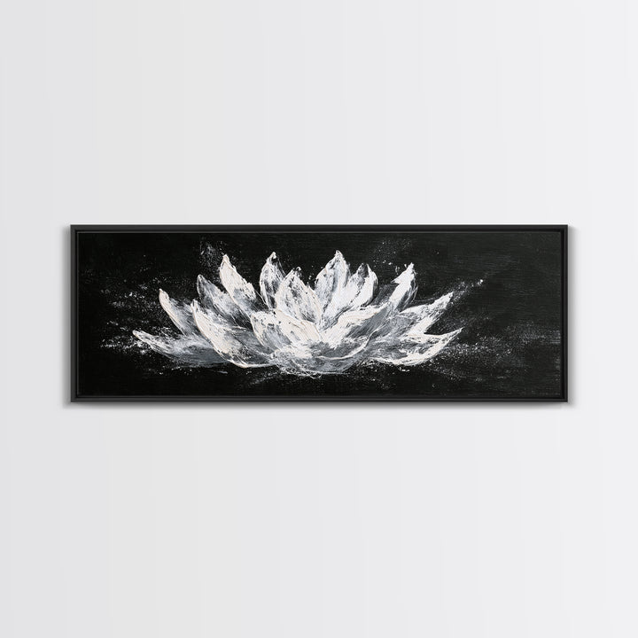Black And White Lotus Flower Canvas Print, Textured Floral Painting, Minimalist Spa Decor, Elegant Modern Bathroom Wall Art