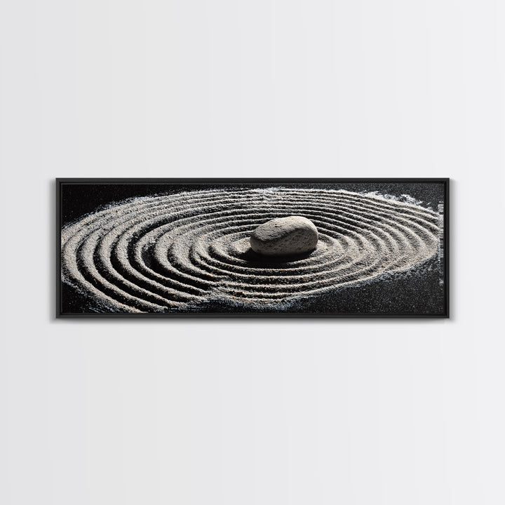 Zen Sand Garden With Center Stone Wall Art, Black And White Minimalist Decor, Japandi Meditation Print For Spa Room, Home Decor