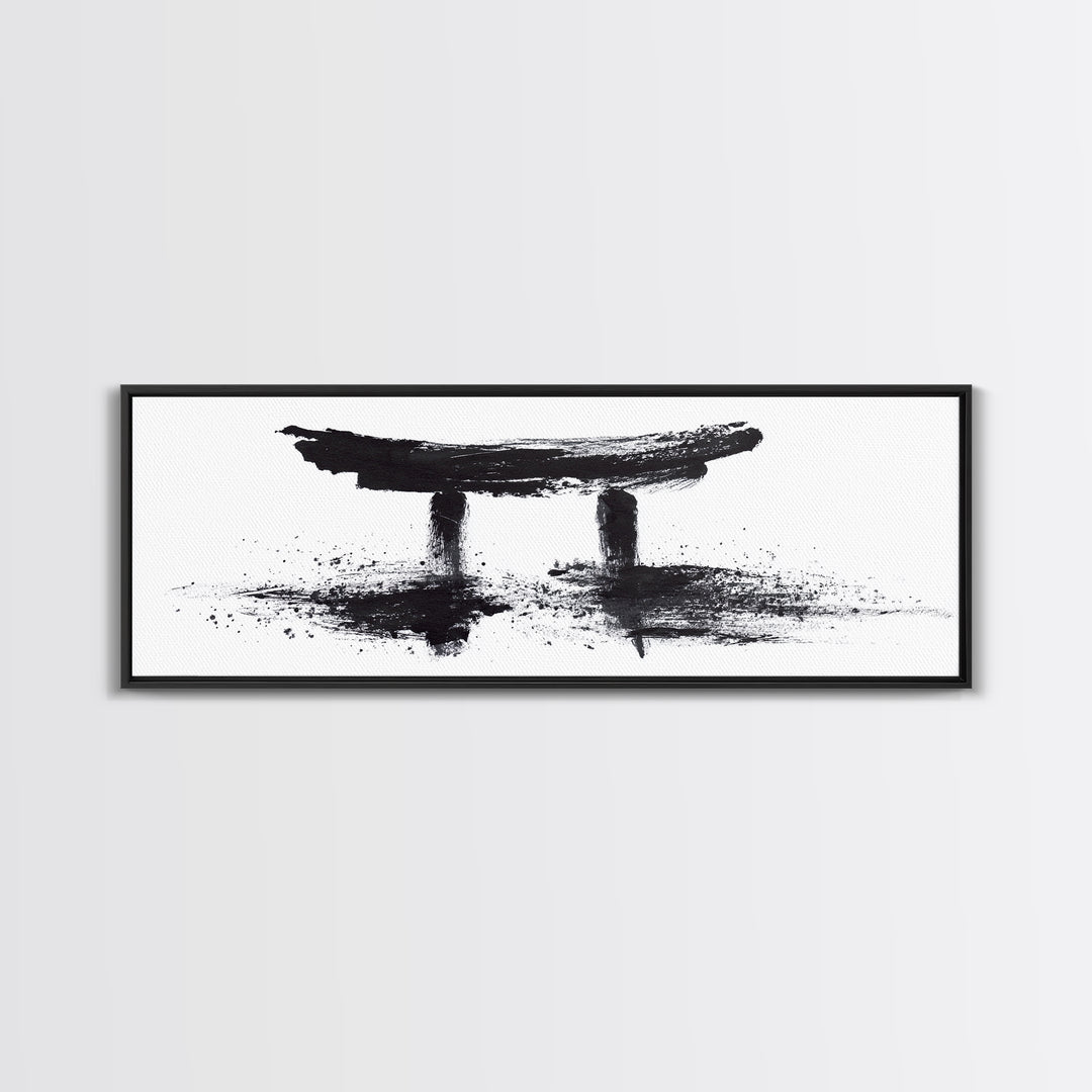Black Ink Japanese Torii Gate Wall Art, Minimalist Canvas Print, Zen Calligraphy Decor, Black And White Japandi Office Wall Decor