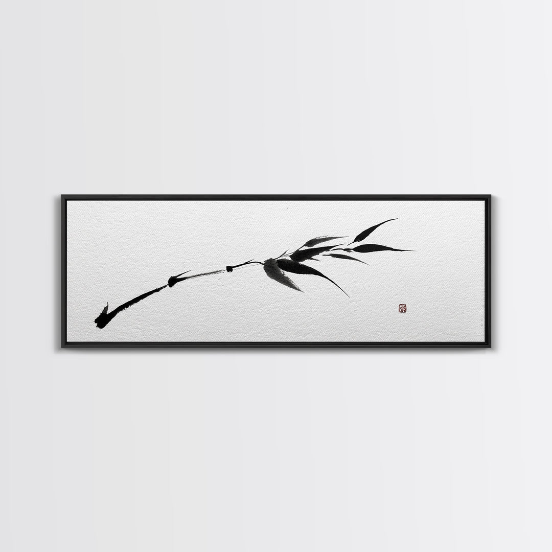 Minimalist Black Bamboo Ink Branch Wall Art, Japanese Zen Canvas Print, Monochrome Botanical Decor, Wabi Sabi Office Art